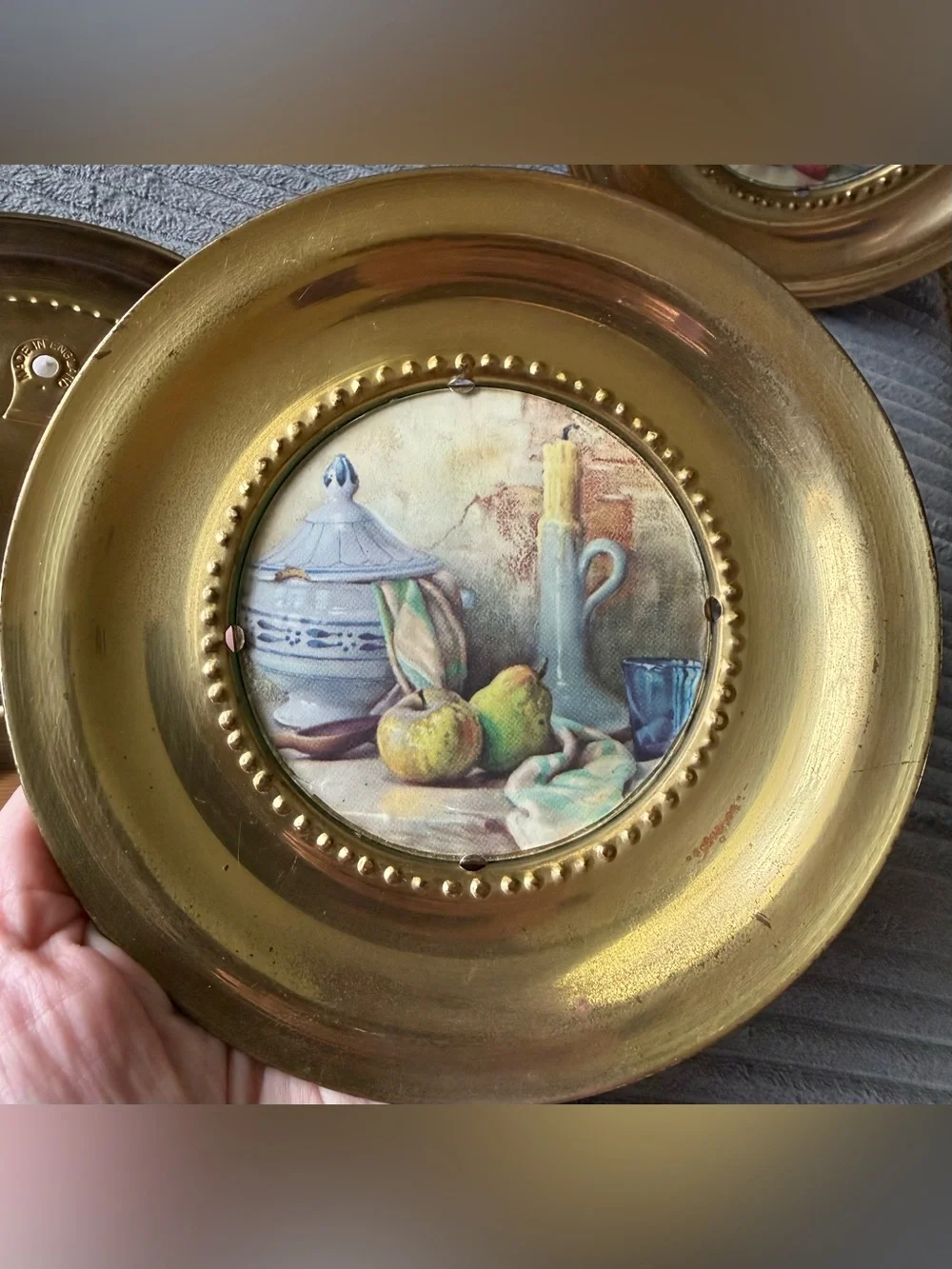 4 VTG Decorative Fruit Basket Wall Plates Mini Still Print Metal Frame England